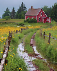 Prince Edward Island Canada Red Field Yellow Flowers Painting Art