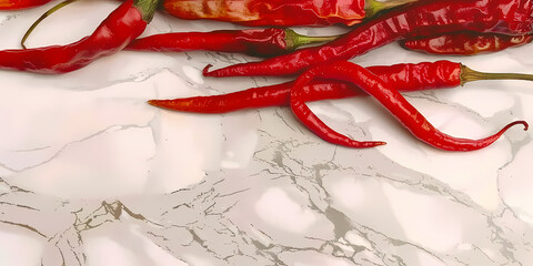 Vibrant Abstract Chilli Peppers Art Background, Marble Surface, Copy Space