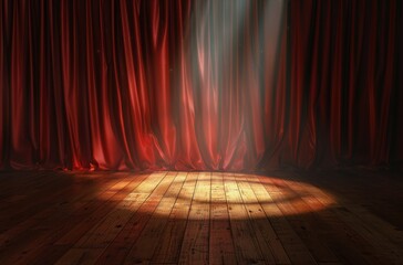 An Empty Stage With Red Curtain and Spotlight