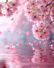 Ethereal Pink Bloom: Delicate Cherry Blossoms Floating in Rippling Water, Petals Dancing in the Air on a Vibrant Pink Background