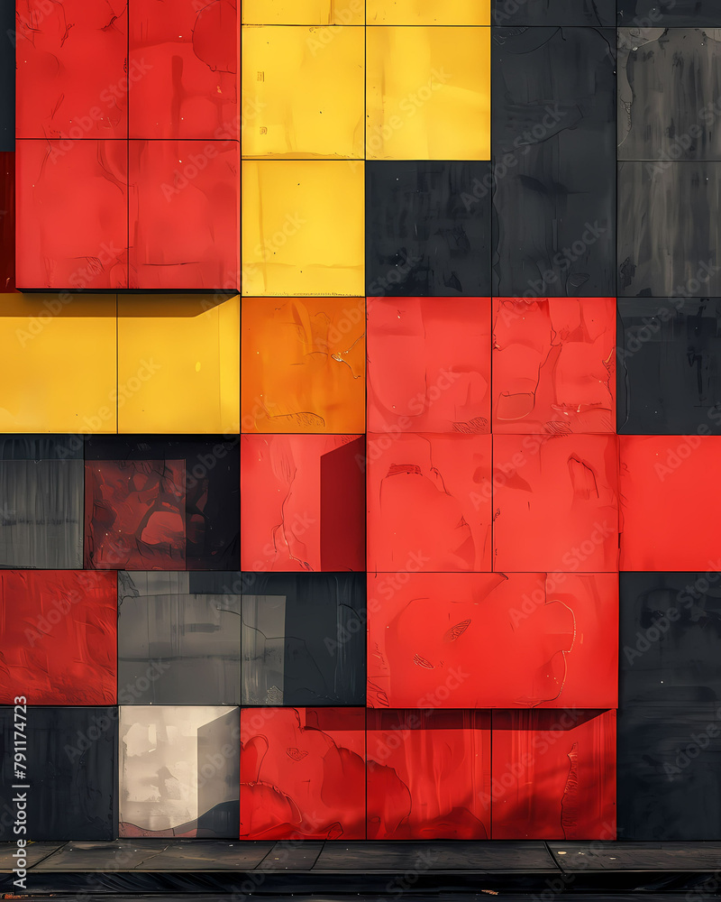 Fototapete vibrant abstract painting featuring colorful square blocks and linear outlines