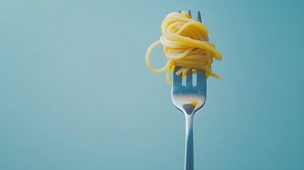 Pasta wrapped on a silver fork, noodles, macaroni, on a light blue plain background, restaurant food