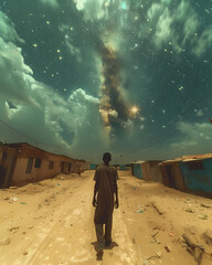 African Art, Somalia, Vibrant Painting, Dirt Road, Buildings, Stars, Night Sky