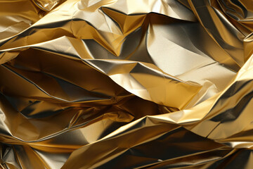 Crumpled golden foil texture with dynamic shadows and highlights reflecting luxury and opulence.