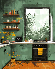 Modern Art Abstract Painting Illustration with Vibrant Multi-color Lines and Green Background Featuring Kitchen Scene 18k