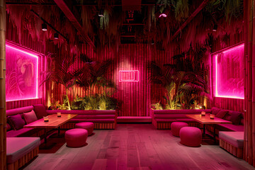Modern Bamboo Ceiling Restaurant: Pink Lights Reflecting Asian Street Food Vibes in a Lush Ambiance of Plants and Art