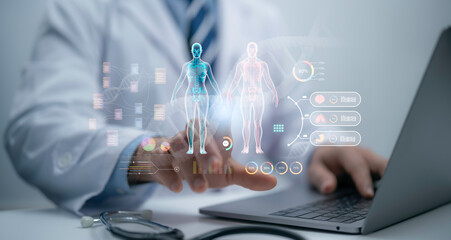 Medical worker touching virtual screen electronic medical record. DNA. Digital healthcare and...