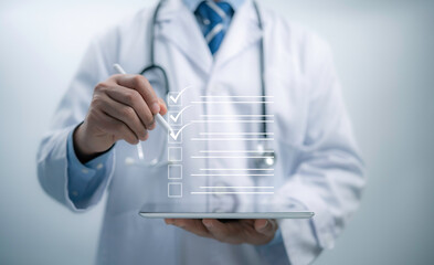 Check list concept.Medical worker with online checklist survey, filling out digital form checklist,...