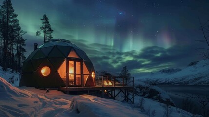 Wake up to the sight of the vibrant Northern Lights from your domed pod perfectly blending modern comfort with the wonders of nature. 2d flat cartoon.
