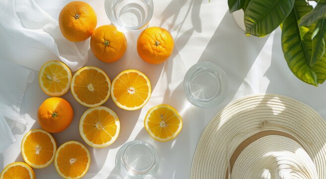 Table Set With Glasses, Oranges, and Straw Hat