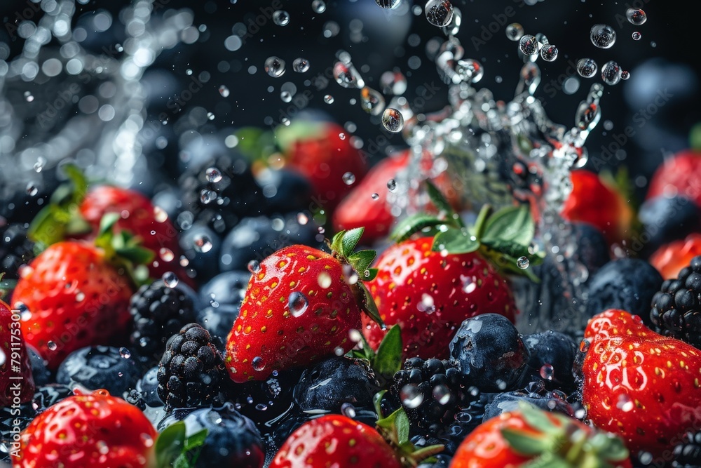 Poster Fresh strawberries and blueberries being splashed with water, creating a dynamic and refreshing visual scene