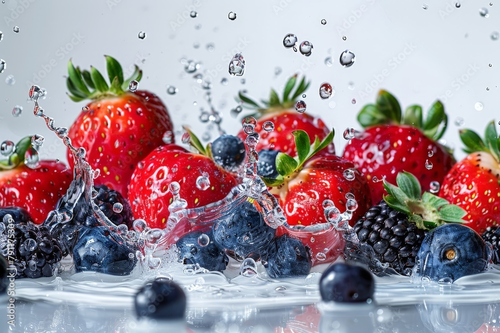 Poster Fresh strawberries and blueberries are shown splashing into clear water, creating ripples and droplets