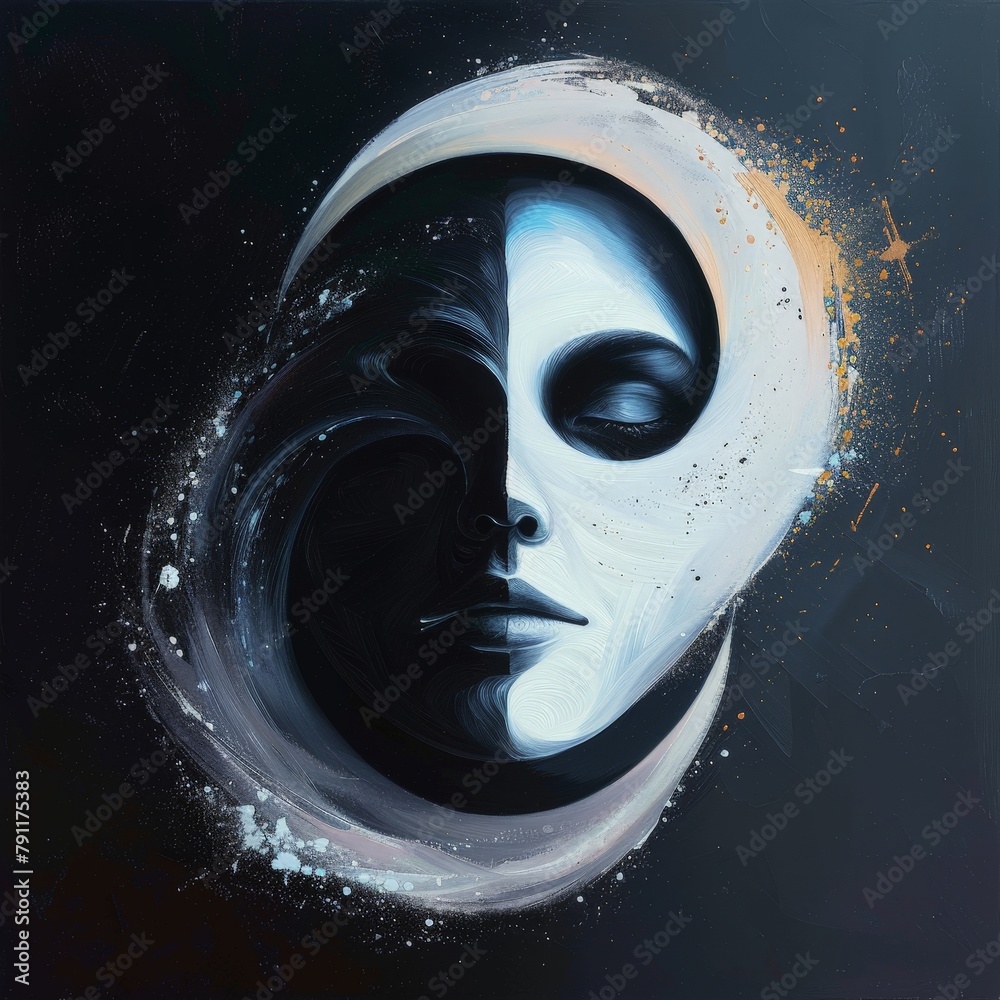 Poster A painting depicting a womans face, with a crescent shape in the middle, creating a unique and eye-catching composition