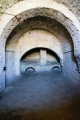 Part of ruins of arch-shaped structure of Ottoman architecture at Gjirokaster castle....