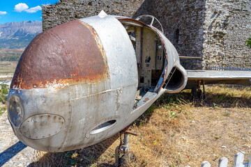 Castle with old plane that crashed in Albanian territory .Architecture of the Ottoman empire, Gjirokaster- Albania