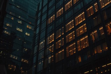 Fototapeta premium Modern office building windows lit in evening night early morning long working hours exhaustion overtime exterior urban architecture skyscraper lights tower financial sector banking hq headquarters