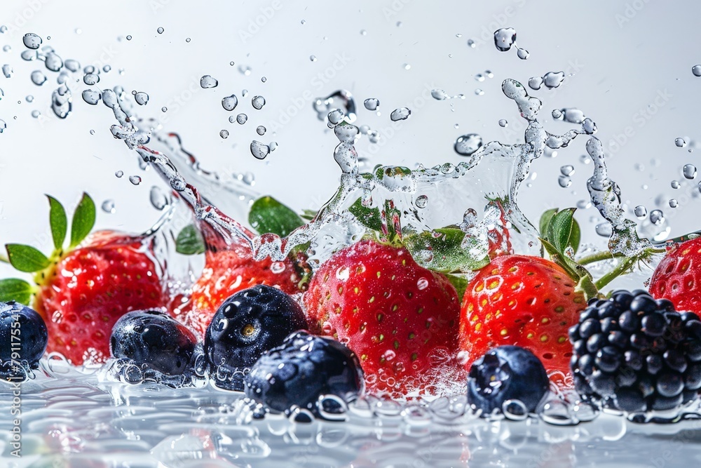 Sticker Raspberries, blueberries, and strawberries splashing in water, creating a dynamic and vibrant scene