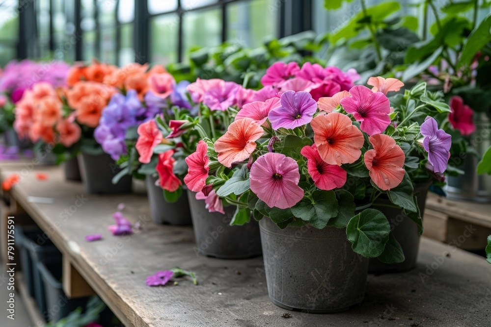 Canvas Prints Multiple potted flowers arranged neatly in a row inside a greenhouse, showcasing a variety of colors and species