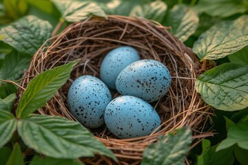 Naklejka na ściany i meble A nest filled with vibrant blue eggs sits atop fresh green leaves in a natural setting