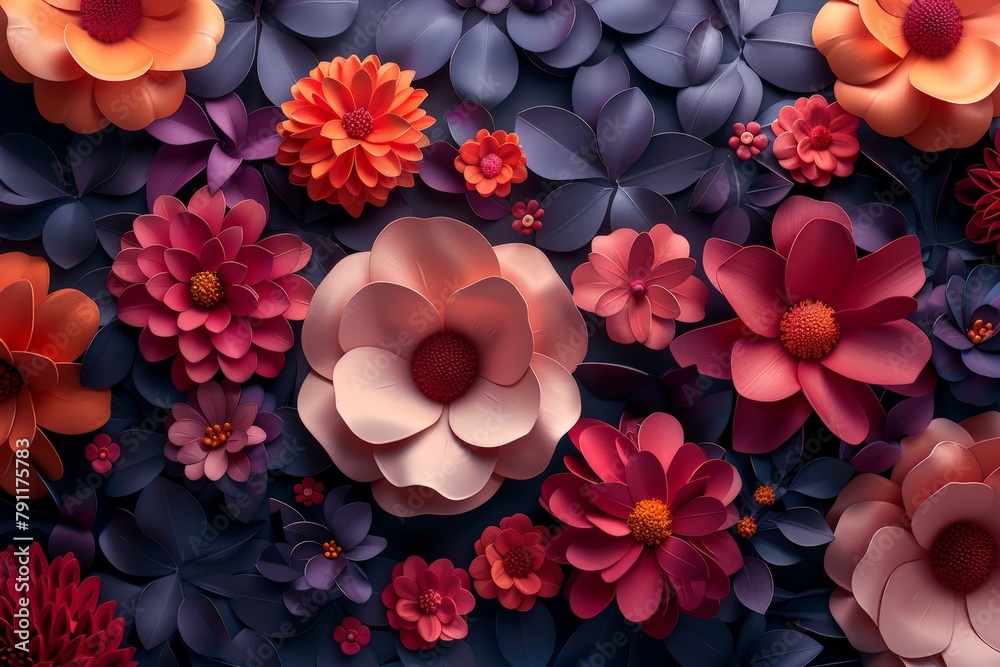 Aufkleber Several flowers of different colors and shapes arranged on a wall, creating a vibrant and eye-catching display
