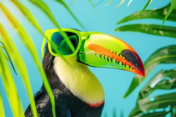 Naklejka premium Toucan bird with a vibrant, colorful beak perched while wearing stylish sunglasses under the sun