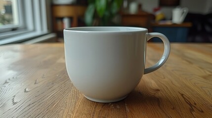 Fototapeta premium Mock up with white coffee cup rests on a wooden table, creating a simple and classic scene