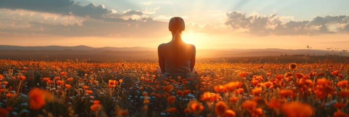 Digital Detox. A woman is standing amidst a field of colorful flowers, with the sun setting in the background casting a warm glow over the scene