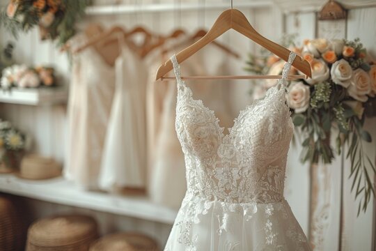 A white wedding dress hanging on a clothing rack in a bridal room, ready to be worn on a special day