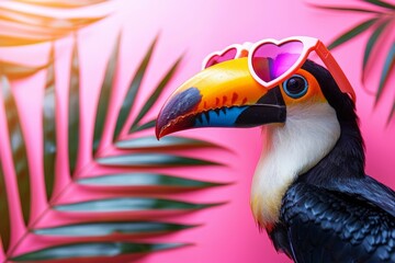 Naklejka premium A vibrant bird perched with heart shaped sunglasses on its head, showcasing a burst of colors in its plumage
