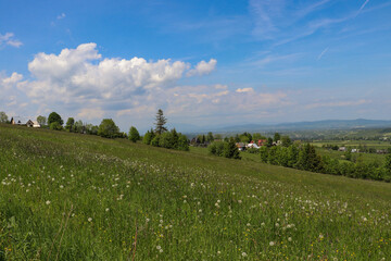 A beautiful panorama of vast Polish meadows against the background of mountains in the Lesser...