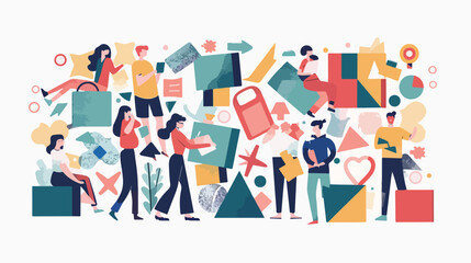 Collection of people organizing abstract geometric
