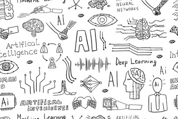 Seamless pattern of human and artificial intelligence friendship icons in doodle style. Neural network icons. Robot hand. Artificial eye. Study, education, deep learning, machine learning. Hand drawn
