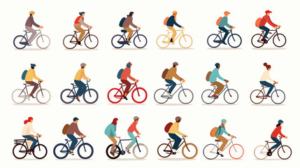 Collection of people riding bicycles of various typ - obrazy, fototapety, plakaty
