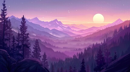 Illustration of valley view of forest fir trees, mountains and sunset