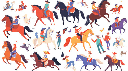 Collection of people riding horses. Bundle of cute