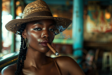 Woman in a straw hat is smoking a cigar she is relaxed and enjoying her cigar