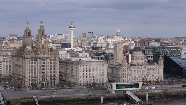 Aerial view of Liverpool skyline with the Three Graces in the centre of the frame