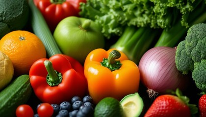 Colorful produce: broccoli, cucumber, tomato, celery, avocado, apple, orange, pepper, onion, radish, leek, squash, watermelon, cantaloupe, mango, pineapple, banana, blueberry, strawberry.