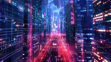 Obraz premium Abstract cyber cityscape with neon lights and digital billboards