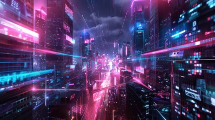 Abstract cyber cityscape with neon lights and digital billboards