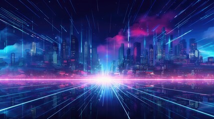 Abstract cyber cityscape with neon lights and digital billboards