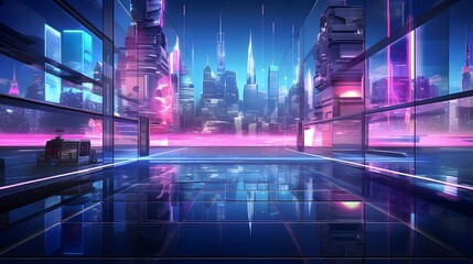 Night city panorama with neon lights and reflections. 3d rendering