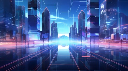 Futuristic city with neon lights and road. 3d rendering