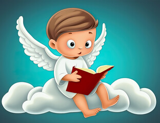 Cute angel with wings and book. A little angel boy sits on a white cloud and reads a prayer.