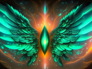 Fototapeta premium Angelic abstract motif in emerald gold color. Background colors with healing emerald and Archangel Raphael wings.