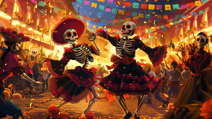 Day of the Dead parade with giant skeleton puppets dancing through the streets to musicians playing traditional Mexican Halloween celebration