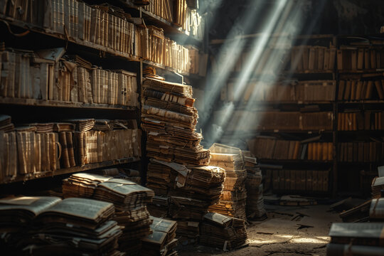Mysterious archive room with dusty classified files