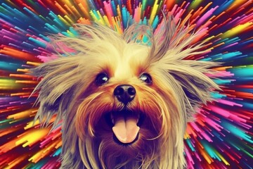 a dog with hair like a flower laughing, in the style of pop art explosion