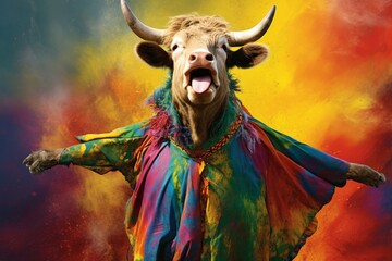 a cow dressed in colorful clothing with her mouth open, in the style of energetic vibes