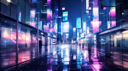 Night city panorama with neon lights and modern buildings. 3d rendering